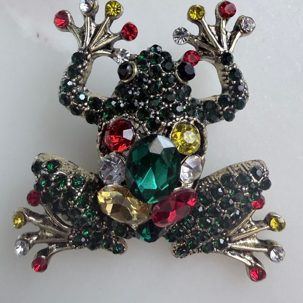 Crystal Embellished Green Multi-Color Frog Brooch